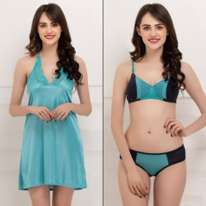 • Satin Babydoll With Lace T-Shirt Bra & Bikini Brief 