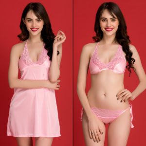 Satin Babydoll With Lace Plunge Bra &amp; Bikini Brief (Pink)
