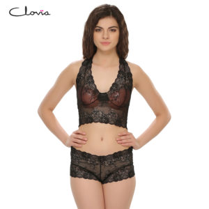 Set Of Lace Halter Style Bralet And Panty In Black