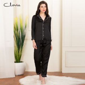 2. Button Down Shirt & Pyjama Set In Black