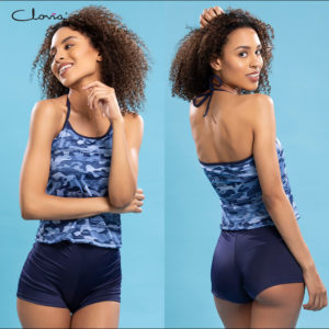 Padded Printed Halter Top with High Waist Bottom Swimsuit In Blue