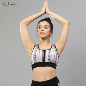 Medium Impact Padded Racerback Sports Bra with Front Zip in Black