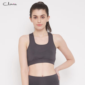Medium Impact Padded Sports Bra with Removable Cups in Dark Grey