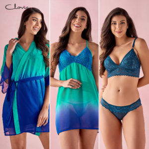 Bralette, bikini panty, sheer babydoll and robe combo