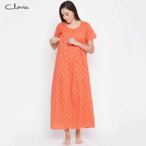 Feeding Printed Long Night Dress in Orange- 100% Cotton