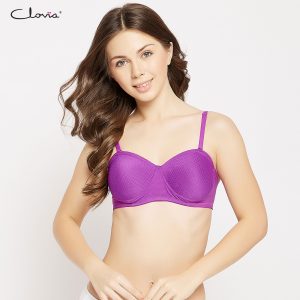 Padded Non-Wired Demi Cup Self-Patterned Strapless Balconette Bra in Purple