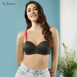 Padded Underwired Full Cup Printed Multiway Balconette Strapless Bra in Dark Grey