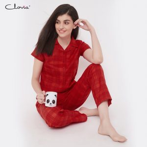 Classic Checks Button Me Up Shirt & Pyjama in Red- 100% Cotton