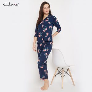 Pretty Florals Button Me Up Shirt & Pyjama Set in Navy - Crepe