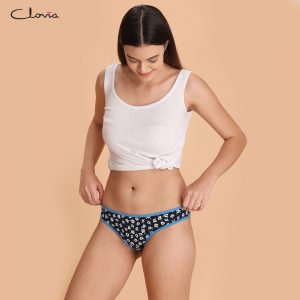 Floral Print Low-Waist Bikini Panty in Navy Blue