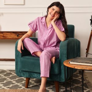 Sassy Stripes Button Down Shirt & Pyjama in Lilac